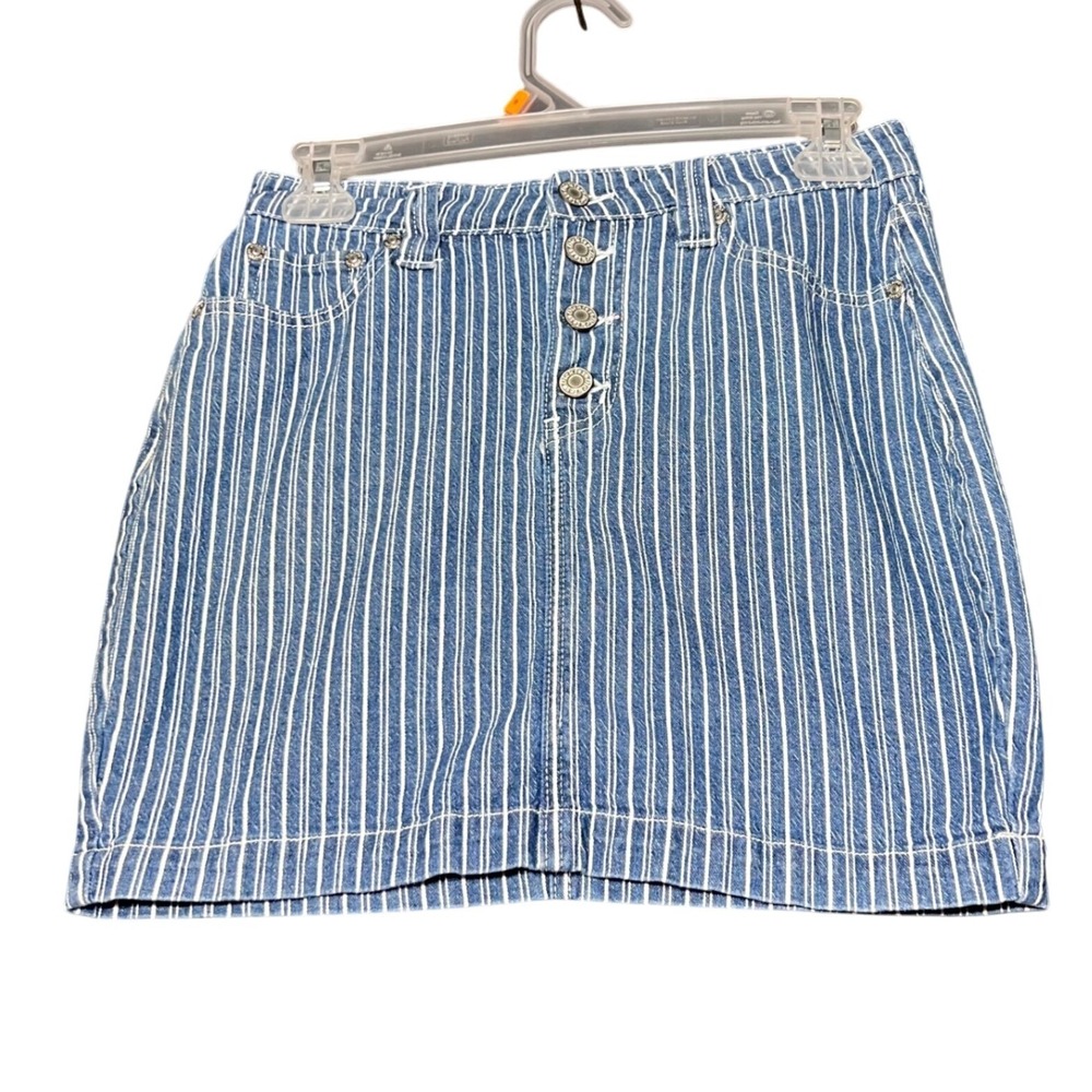 Dickies Girls Womens Size 1/25 Button Fly Mini Skirt Blue White Stripe Denim Y2K - Picture 2 of 13
